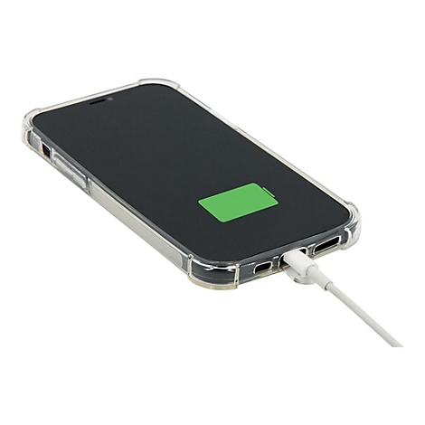 Smartphone dans un étui de protection transparent. Le téléphone se charge avec un câble. L'écran affiche un symbole de batterie vert.