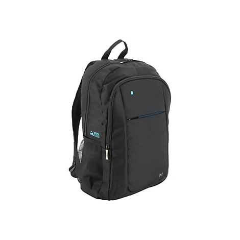 Sac à dos noir avec des touches de bleu, des fermetures éclair et le logo 'M'. Il a une poche latérale et une étiquette indiquant '30% de matériaux recyclés'.