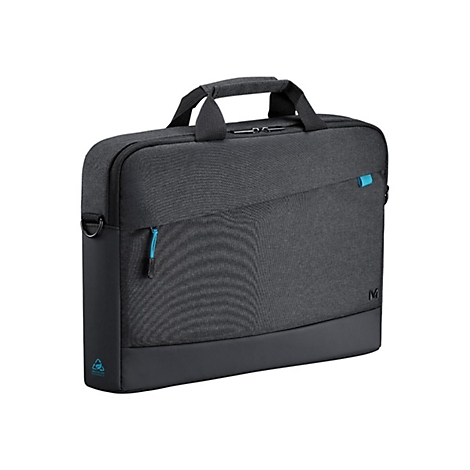 Sacoche pour ordinateur portable gris foncé avec fermeture éclair et détails bleus. Poignée sur le dessus, petite poche devant, logo en bas.