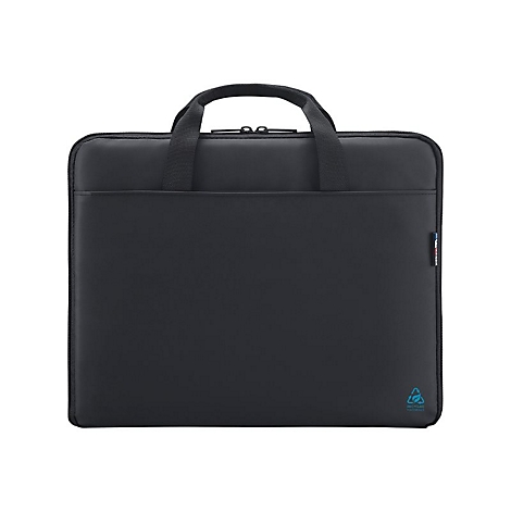 Sacoche pour ordinateur portable noire avec poignée. Fermeture éclair, symbole bleu pour les matières recyclées.