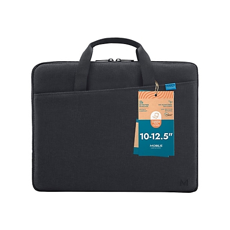 Sacoche pour ordinateur portable gris foncé avec poignée et étiquette. L'étiquette affiche les dimensions, le fabricant et les détails de durabilité.