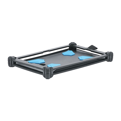 Étui de tablette noir avec supports bleus et sangle velcro. Attaches latérales, massives.