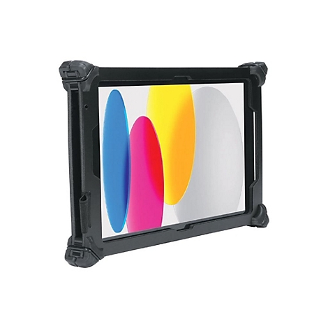 Étui de tablette noir avec écran de tablette. Couleurs de l'écran : bleu, rose, jaune, blanc. L'étui est anguleux et possède une boucle.