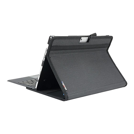 Étui pour tablette gris foncé avec tablette, ouvert. Le couvercle est relevé, la tablette est maintenue par un élastique.