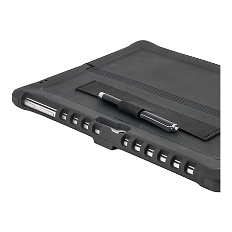 Étui de protection noir pour tablette avec porte-stylo, stylet et renfoncements latéraux. Les accessoires sont placés sur une surface blanche.