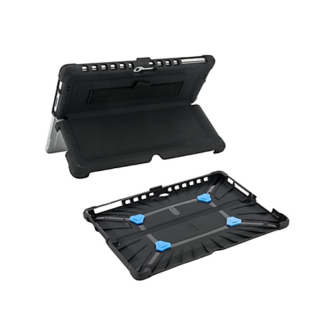 Étui de protection pour tablette noir, partiellement ouvert. Le fond avec des supports bleus. Le couvercle a une languette.