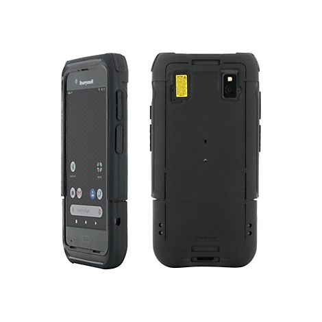 Coque de smartphone noire avec écran, à côté le dos. Avis d'avertissement et caméra.