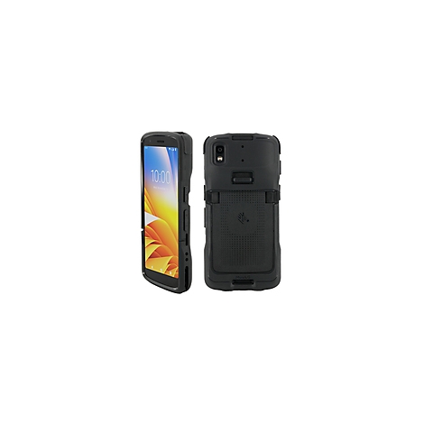 Deux vues d'un smartphone robuste noir. L'heure 10h00 est visible sur l'écran. Au dos se trouve un appareil photo.