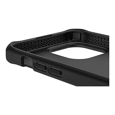 Gros plan d'une coque de téléphone noire. L'étui a des boutons texturés et un design en nid d'abeille.