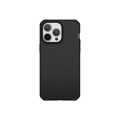 Smartphone noir avec appareil photo et coque de protection sur fond blanc.