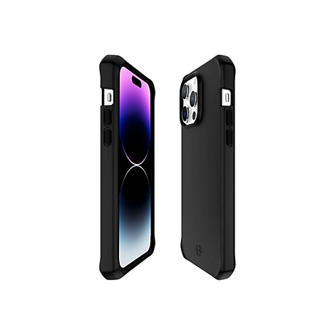 Deux coques de téléphone noires, disposées en diagonale. Les détails incluent les boutons et le module caméra. Le fond est blanc.