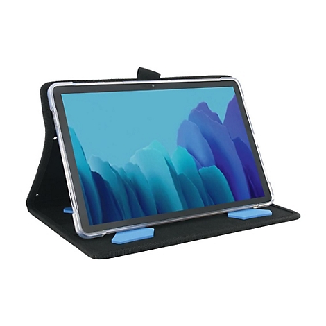 Ein Tablet in einer schwarzen Schutzhülle, vor weissem Hintergrund. Blaue Landschaft auf dem Bildschirm.