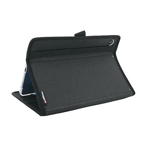 Schwarze Tablet-Hülle, die ein Tablet umschließt, leicht angewinkelt, Text von mobilecase.com.