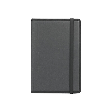 Dunkelgraues Notizbuch mit schwarzem Gummibandverschluss vor weißem Hintergrund.