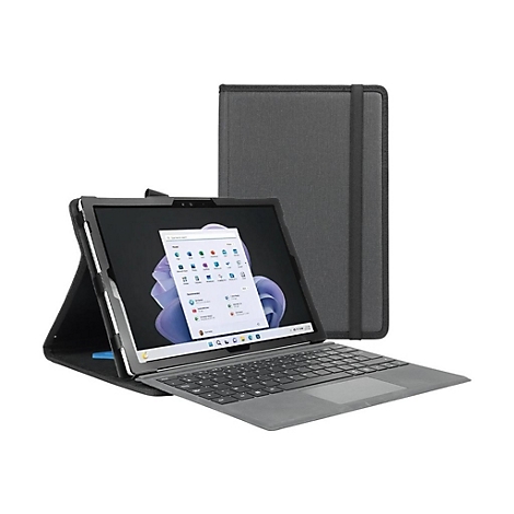 Graues Tablet mit Tastatur und Hülle, geöffnet. Auf dem Bildschirm ist das Windows-Startmenü zu sehen.