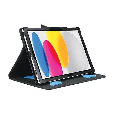 Ein Tablet mit Schutzhülle, aufgestellt. Das Display zeigt ein buntes Hintergrundbild. Blaue Stützen halten das Gerät.