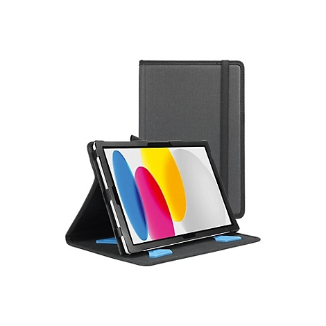 Ein graues Tablet mit Hülle, aufgestellt. Im geöffneten Zustand sind blaue, gelbe und pinke Farben auf dem Display zu sehen.