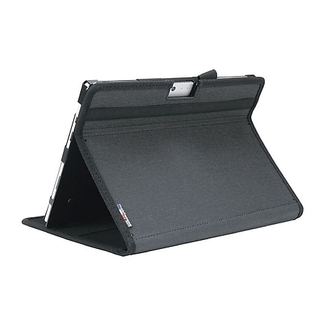 Schwarze Tablet-Hülle, leicht schräg aufgestellt. Auf der Rückseite ist das Logo von mobilecase zu sehen.