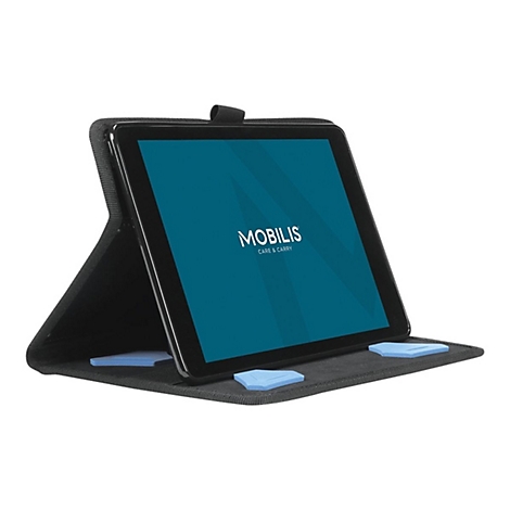 Schwarzes Tablet in Schutzhülle. Auf dem Bildschirm steht MOBILIS. Blaue Halterungen innen.