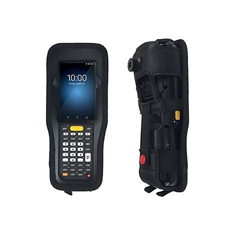 Ein schwarzer Barcode-Scanner mit Tastatur, Display und Schutzhülle, rechts Ansicht der Seite.
