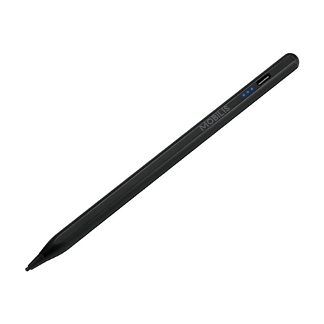 Schwarzer Stylus von Mobilis. Das schlanke Gerät hat drei blaue LEDs und den Schriftzug Mobilis.