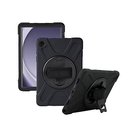 Étui de tablette noir avec une sangle de maintien et un support, sur fond blanc. La tablette est partiellement visible.