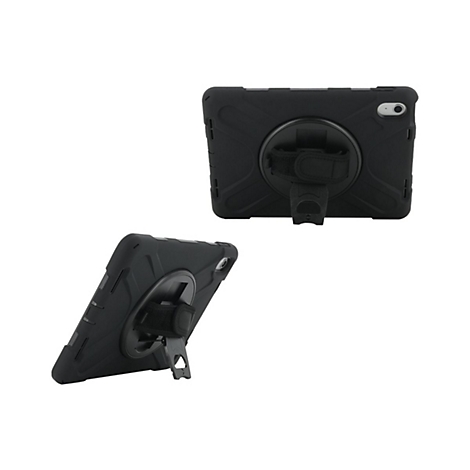 Étui de protection pour tablette noir avec support. Deux vues, une légèrement inclinée, une de l'arrière.