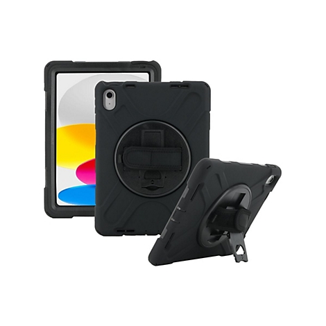 Étui noir pour tablette avec support. La tablette est en arrière-plan. Deux autres étuis sont présentés sous différents angles.