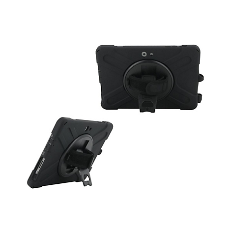 Housse de tablette noire avec dragonne et support, sur fond blanc. Deux vues.