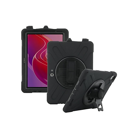 Schwarze Tablet-Schutzhüllen mit Displayschutz. Einige Hüllen sind auseinander genommen, um die Funktionen zu zeigen. MOBILIS-Schriftzug.