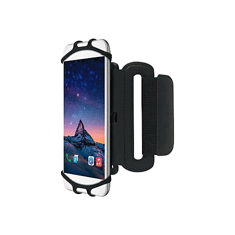 Ein schwarzes Sportarmband hält ein Smartphone mit einer Silikonhalterung vor weißem Hintergrund.