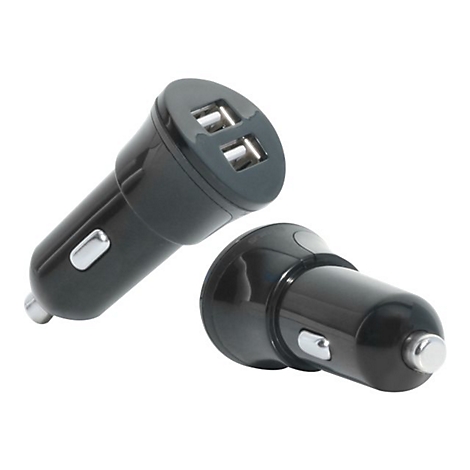 Zwei schwarze USB-Autoladegeräte mit zwei Anschlüssen auf weißem Hintergrund.