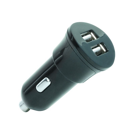 Schwarzes Auto-Ladegerät mit zwei USB-Anschlüssen vor weißem Hintergrund.