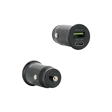 Zwei schwarze Kfz-Ladegeräte. Eines zeigt einen USB-Anschluss, das andere einen USB-C-Anschluss.