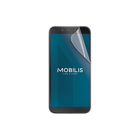 Smartphone mit teilweise abgezogener Displayschutzfolie, Markenlogo Mobilis Care & Carry auf blauem Hintergrund.