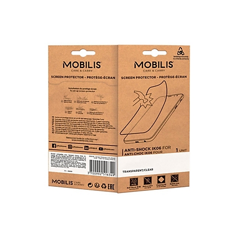 Rückseite einer braunen Papierverpackung für einen Mobilis Displayschutz mit Anleitungs-Icons und Produktinfos.