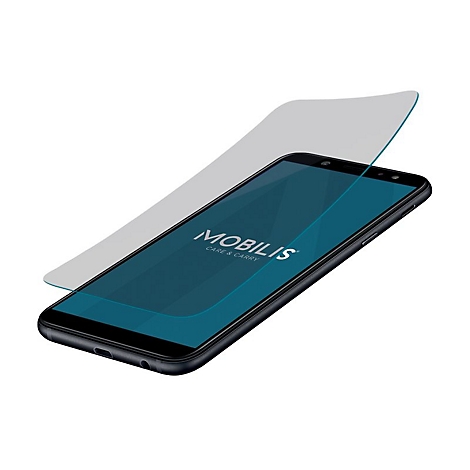 Schwarzes Smartphone mit einer leicht abgehobenen, transparenten Displayschutzfolie von Mobilis auf weißem Grund.