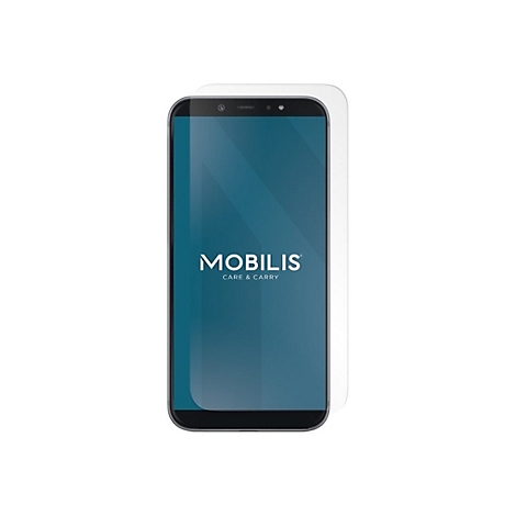 Smartphone mit Displayfolie, schwarzer Rahmen, blaues Display. Schriftzug: MOBILIS CARE & CARRY.