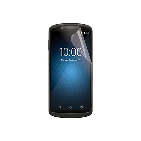 Smartphone mit teilweise abgezogener, transparenter Schutzfolie auf dem Display vor weißem Hintergrund.