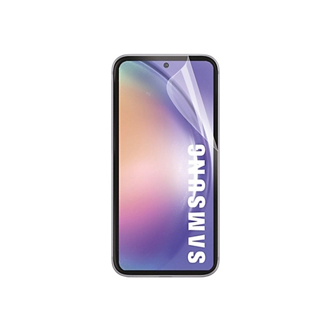 Smartphone Samsung mit aufgebrachter Schutzfolie. Das Display zeigt ein farbenfrohes Muster, das Logo ist zu sehen.