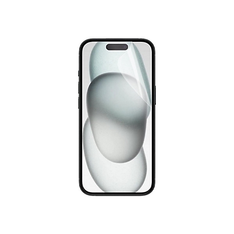 Schwarzes Smartphone mit Schutzfolie, Display mit abstraktem Muster vor weißem Hintergrund.