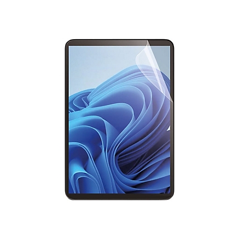 Schwarzes Tablet mit blauen Hintergrundbild. Schutzfolie oben rechts.