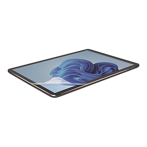 Ein Tablet mit einem hellblauen Hintergrund, auf dem sich ein blaues, wellenförmiges Muster befindet. Auf dem Bildschirm ist eine Schutzfolie abgebildet.