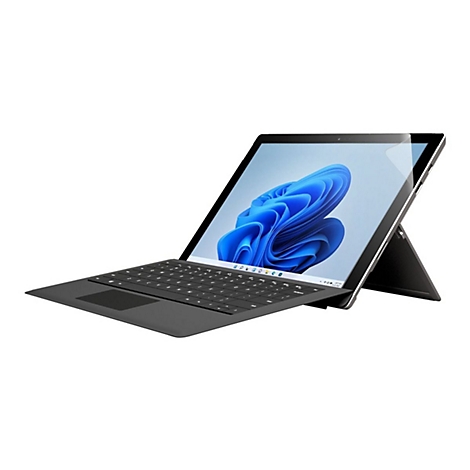 Ein graues Tablet mit angeschlossener Tastatur und Ständer. Auf dem Bildschirm ist ein blaues Windows-Hintergrundbild zu sehen.