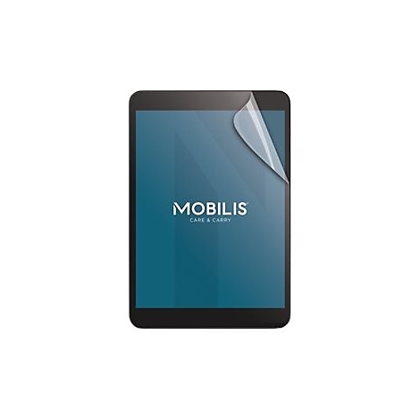 Ein Tablet mit Schutzfolie, auf der "MOBILIS CARE & CARRY" steht.