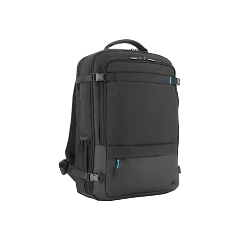 Schwarzer Laptop-Rucksack mit mehreren Fächern und blauen Reißverschlüssen. Steht vor weißem Hintergrund.