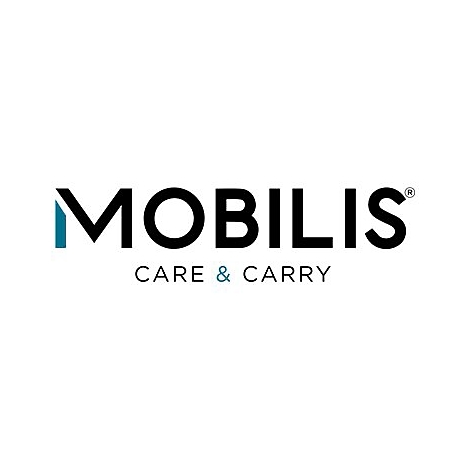 Firmenlogo MOBILIS mit dem Schriftzug CARE & CARRY in Schwarz und Türkis auf weißem Hintergrund.