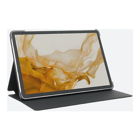 Une tablette grise dans un étui de protection noir, sur fond clair. L'écran affiche une représentation abstraite jaune-or.