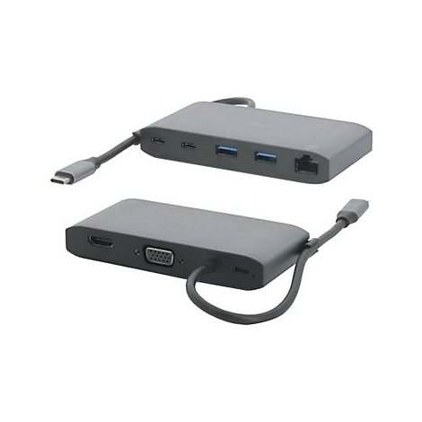 Grauer USB-C-Hub mit verschiedenen Anschlüssen, darunter USB, HDMI, VGA und Ethernet, auf weißem Hintergrund.