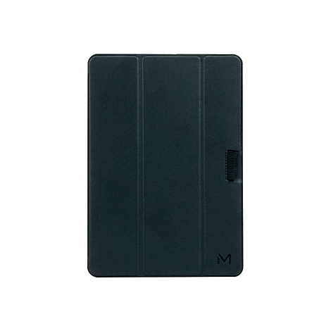 Schwarzes Tablet-Cover mit strukturierter Oberfläche und seitlicher Stiftschlaufe vor weißem Hintergrund.